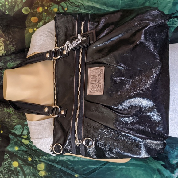 Coach Poppy Black Liquid Gloss Large Zip-top Carry-all Tote Handbag, 3 Hang Tags - Picture 14 of 14